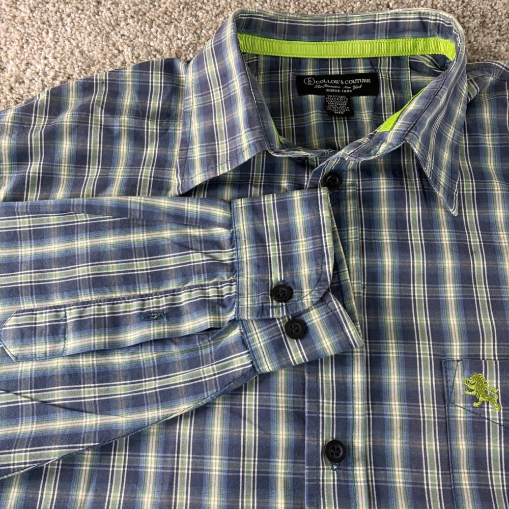 Collor's‎ Couture Mens Plaid Button Up Shirt Long Sleeve Green Blue Size M Logo